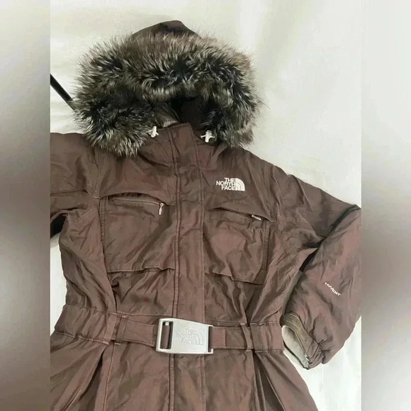 The North Face Goose Down Fur Hood Buckle Jacket Coat Hyvent Woman’s XS Brown B - Picture 2 of 13